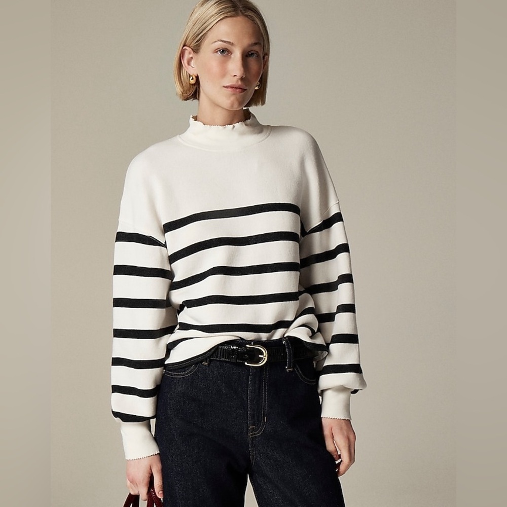 NWT JCrew Heritage Terry Mockneck Sweatshirt XXS Black Cream Stripe $118 CF423